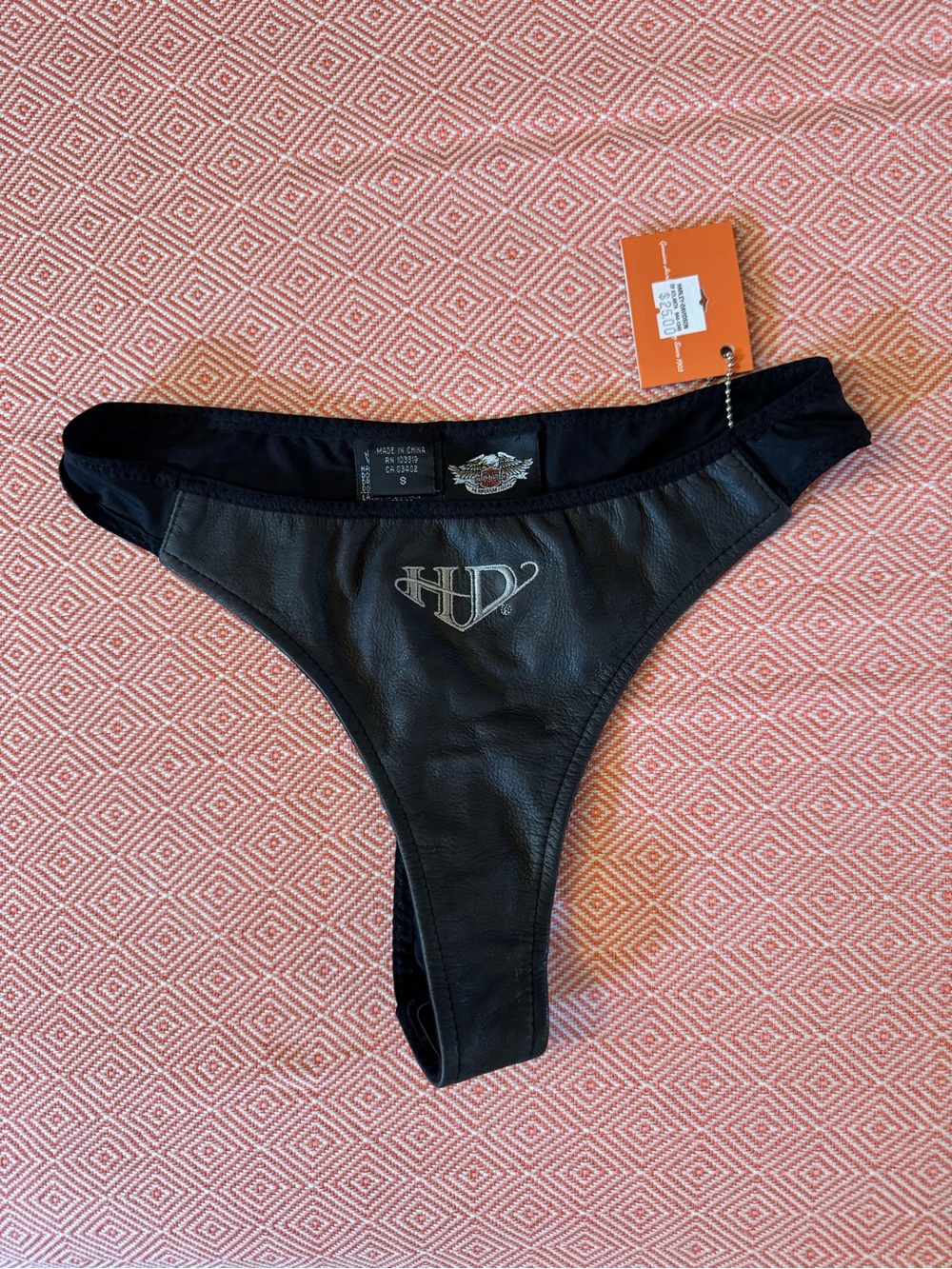 Size Small Harley-Davidson Black Leather Thong panty with Silver HD Embroidery